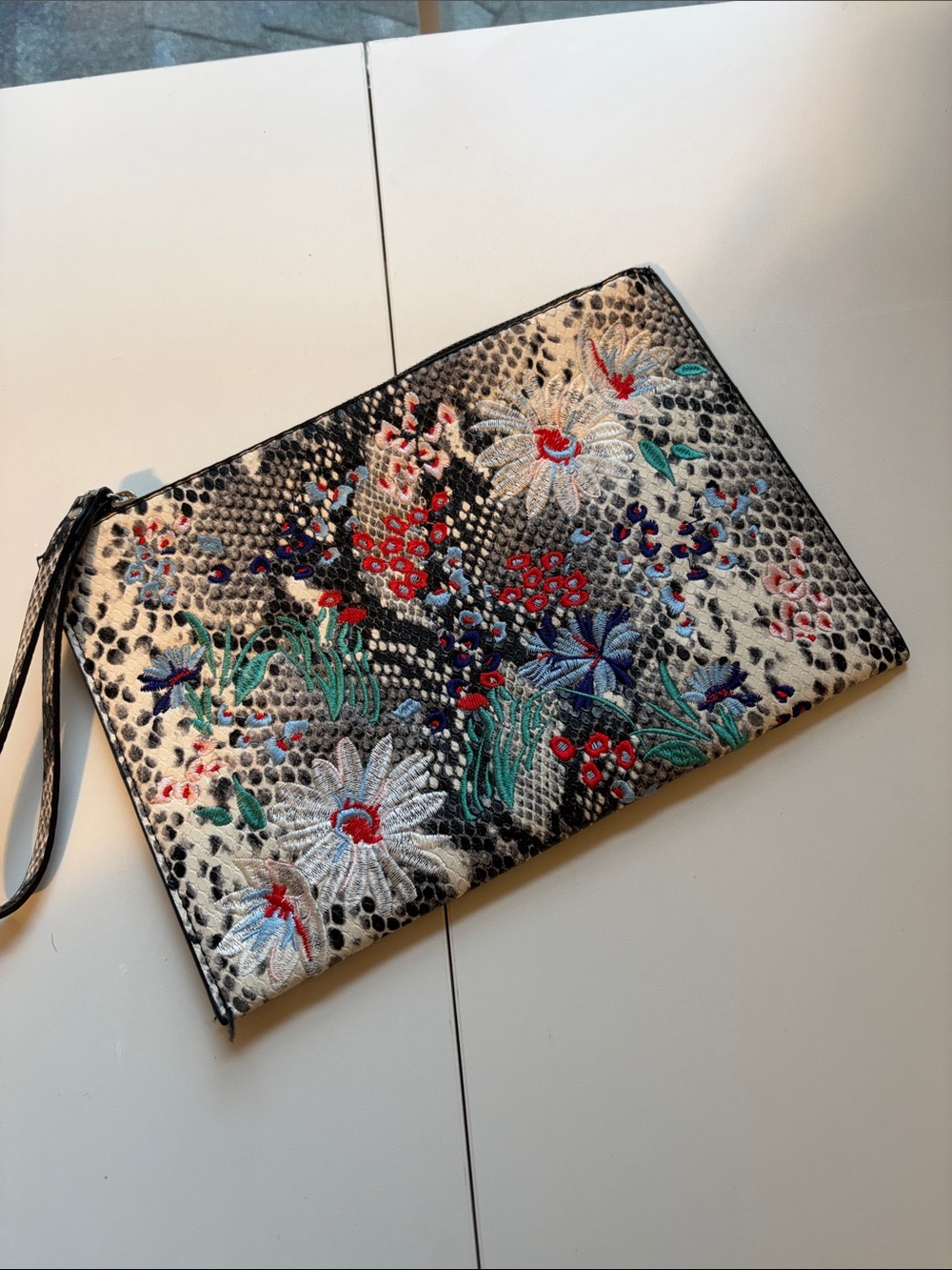 Mango Black & White Embroidered Floral Wristlet Clutch